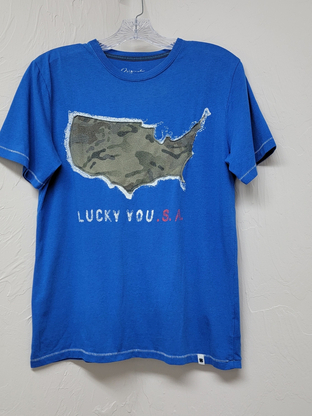 Lucky Brand Mens USA Camo Map Graphic Blue Crewneck Short Sleeve Shirt. Sz- L